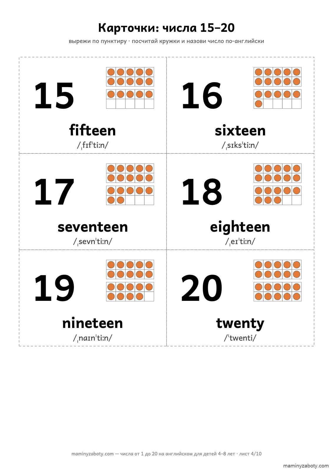 Карточки чисел на английском для детей 4–8 лет: fifteen–twenty, полная рамка из десяти кружков и вторая, лист 4 из 10