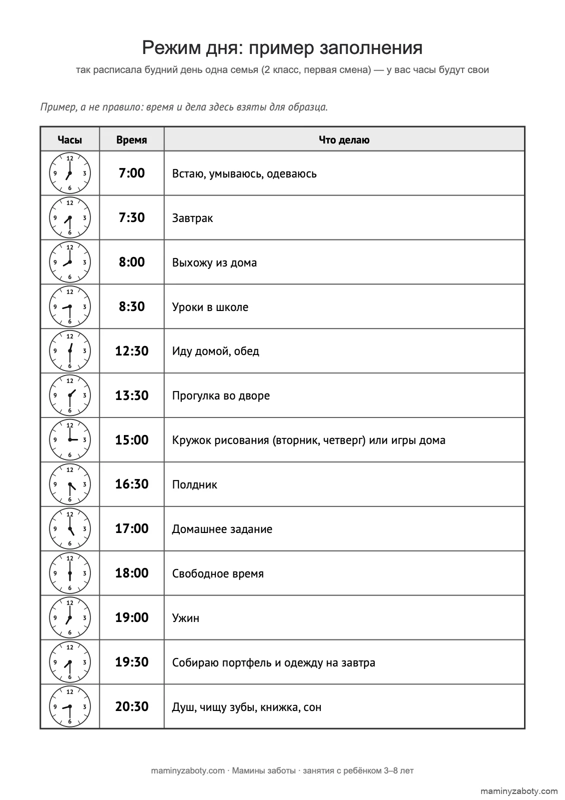 Пример заполнения режима дня школьника: 13 строк от 7:00 до 20:30, в каждой часы со стрелками, время и дело одной семьи, лист 1 Пример заполнения режима дня школьника: 13 строк от 7:00 до 20:30, в каждой часы со стрелками, время и дело одной семьи, лист 1