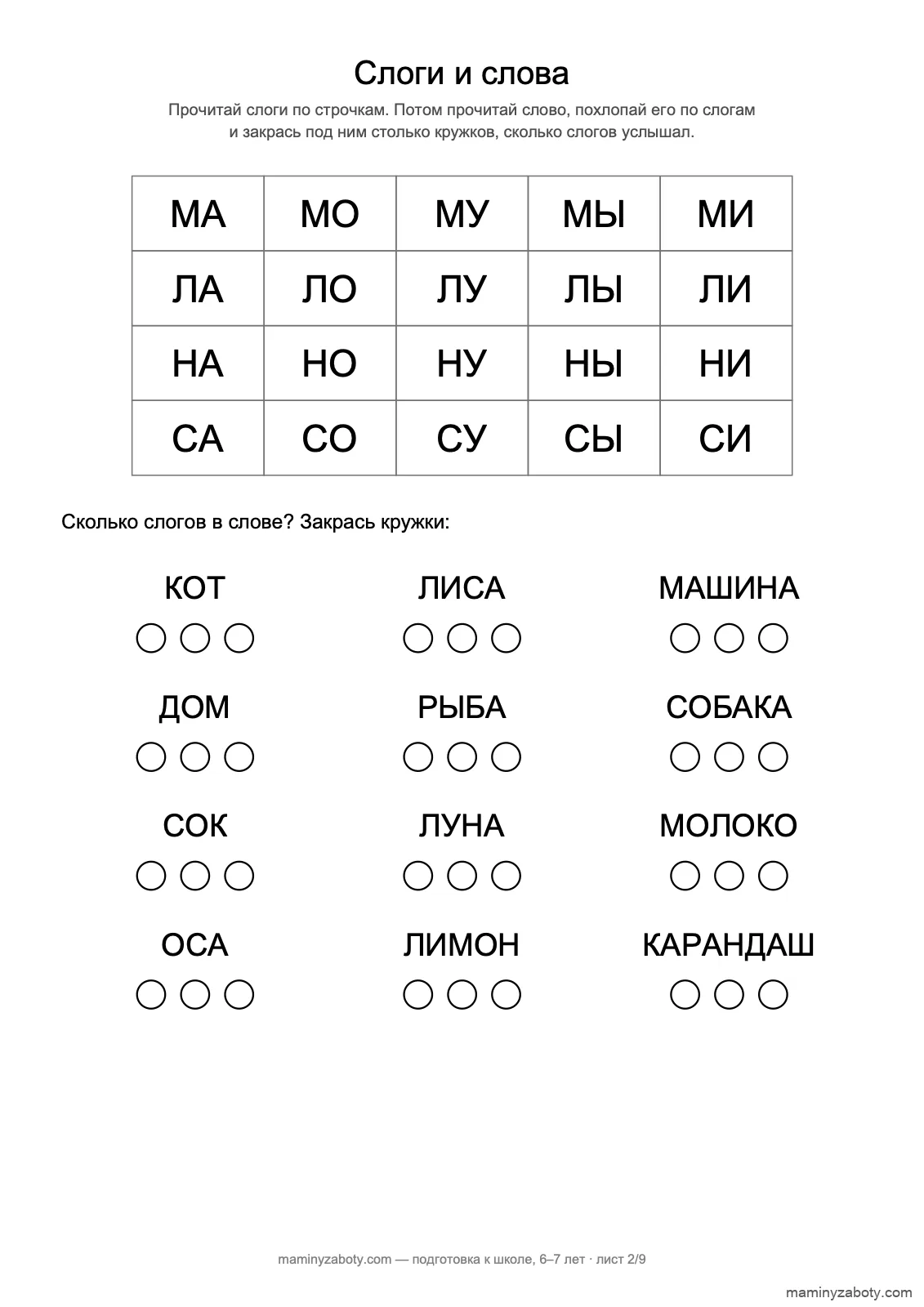 Слоги для детей 6–7 лет: таблица слогов на М, Л, Н, С и 12 слов, где нужно закрасить кружки по числу слогов, лист 2