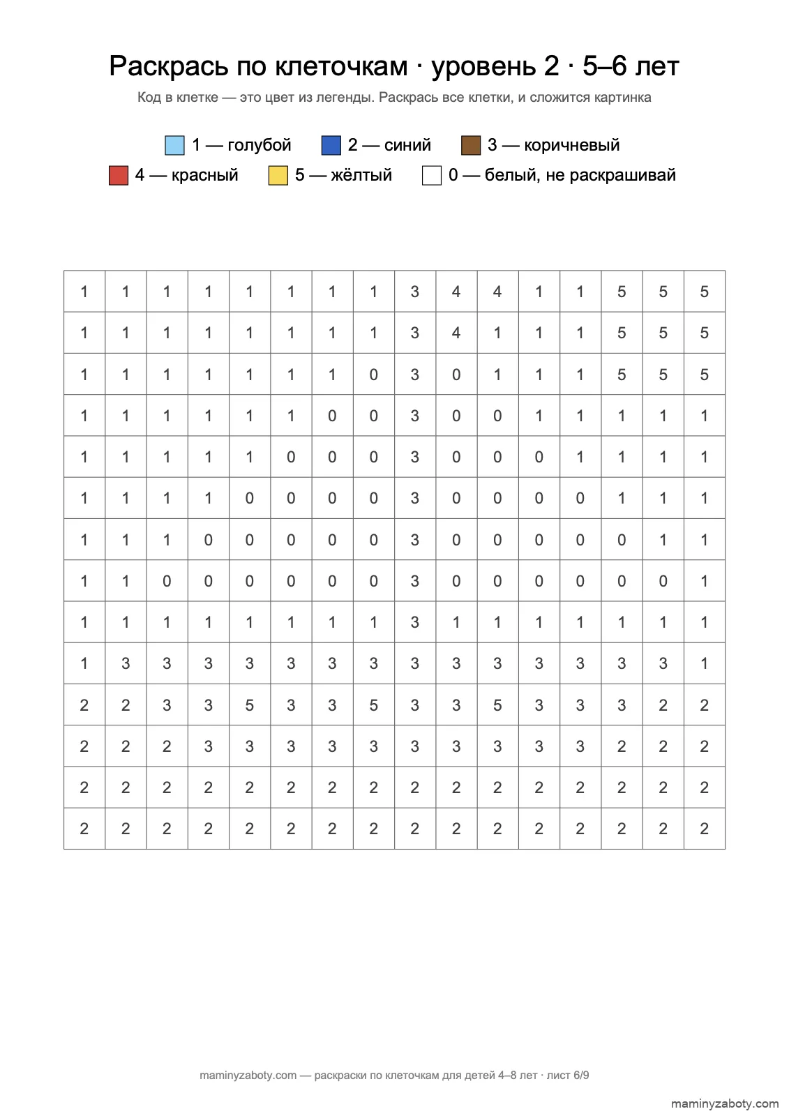 Раскраска по клеточкам для детей 5–6 лет: пять цветов по цифрам на сетке 16 на 14 клеток, лист 6
