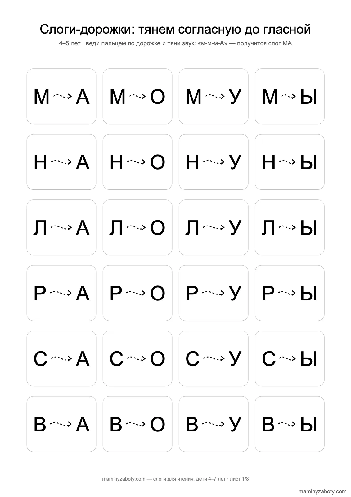 Слоги для чтения для детей 4–5 лет: 24 дорожки от согласной к гласной, М Н Л Р С В