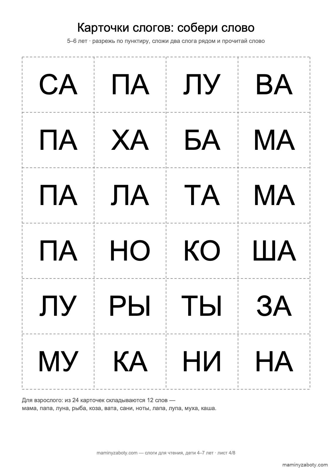 Карточки слогов для детей 5–6 лет: 24 карточки, из которых складываются 12 слов