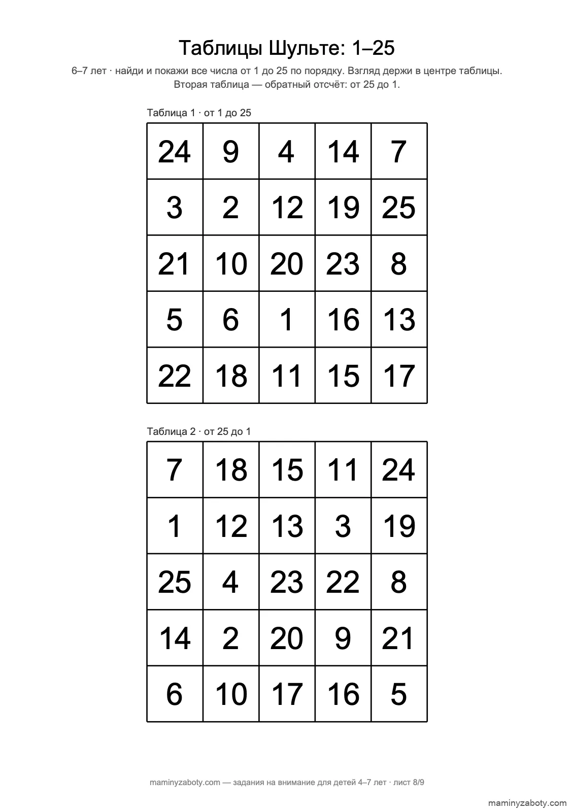 Таблицы Шульте 5×5 для детей 6–7 лет: числа от 1 до 25 и обратный отсчёт от 25 до 1, лист 8