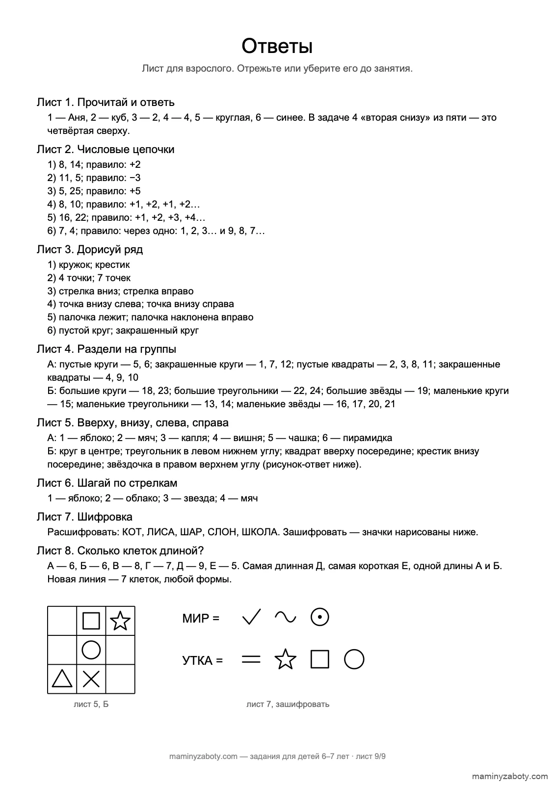 Ответы к заданиям для детей 6–7 лет: решения листов 1–8, сетка 3×3 и шифровка нарисованы, лист 9 Ответы к заданиям для детей 6–7 лет: решения листов 1–8, сетка 3×3 и шифровка нарисованы, лист 9