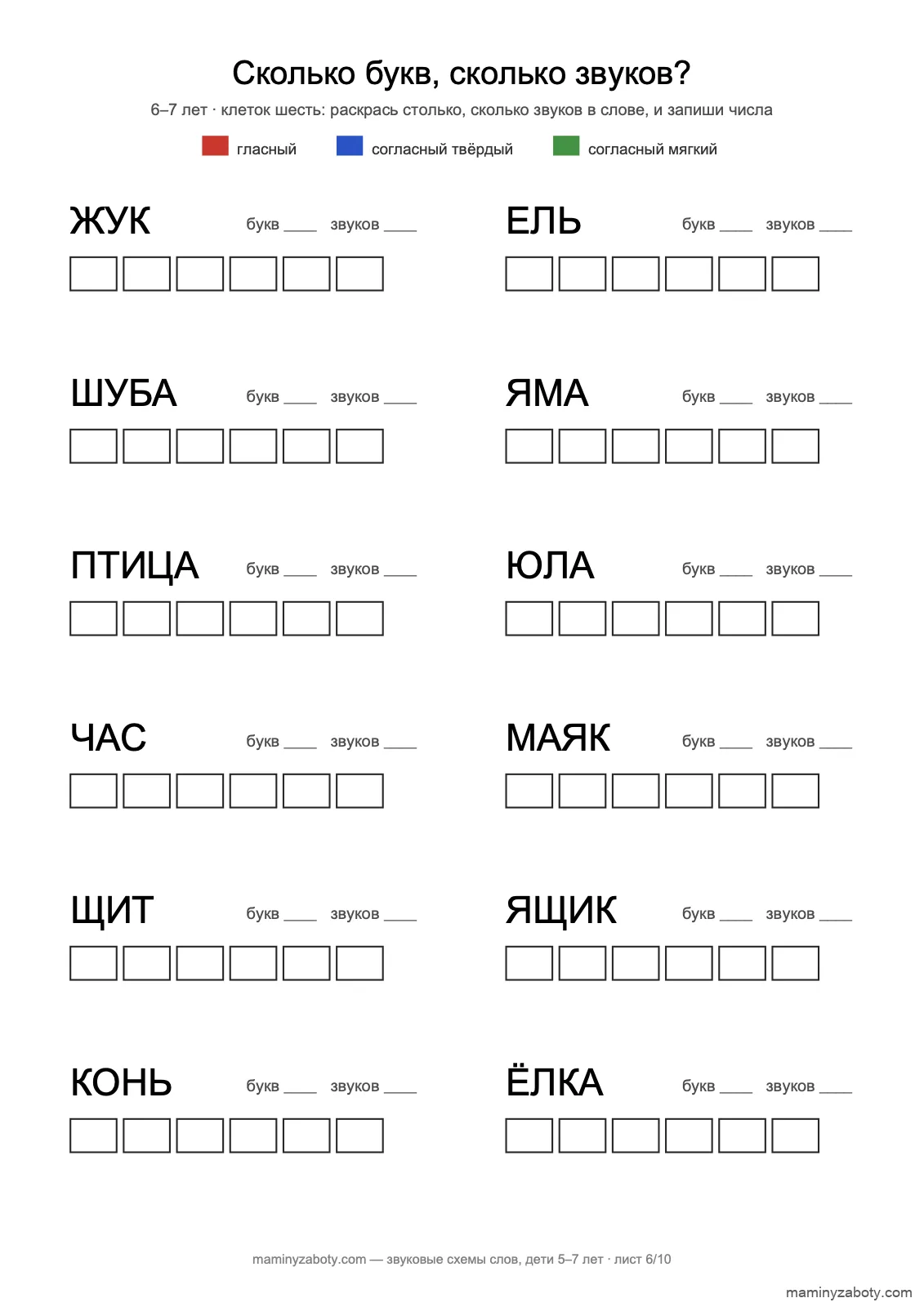 Звуковой анализ для детей 6–7 лет: сколько букв и сколько звуков в 12 словах, от ЖУК до ЁЛКА